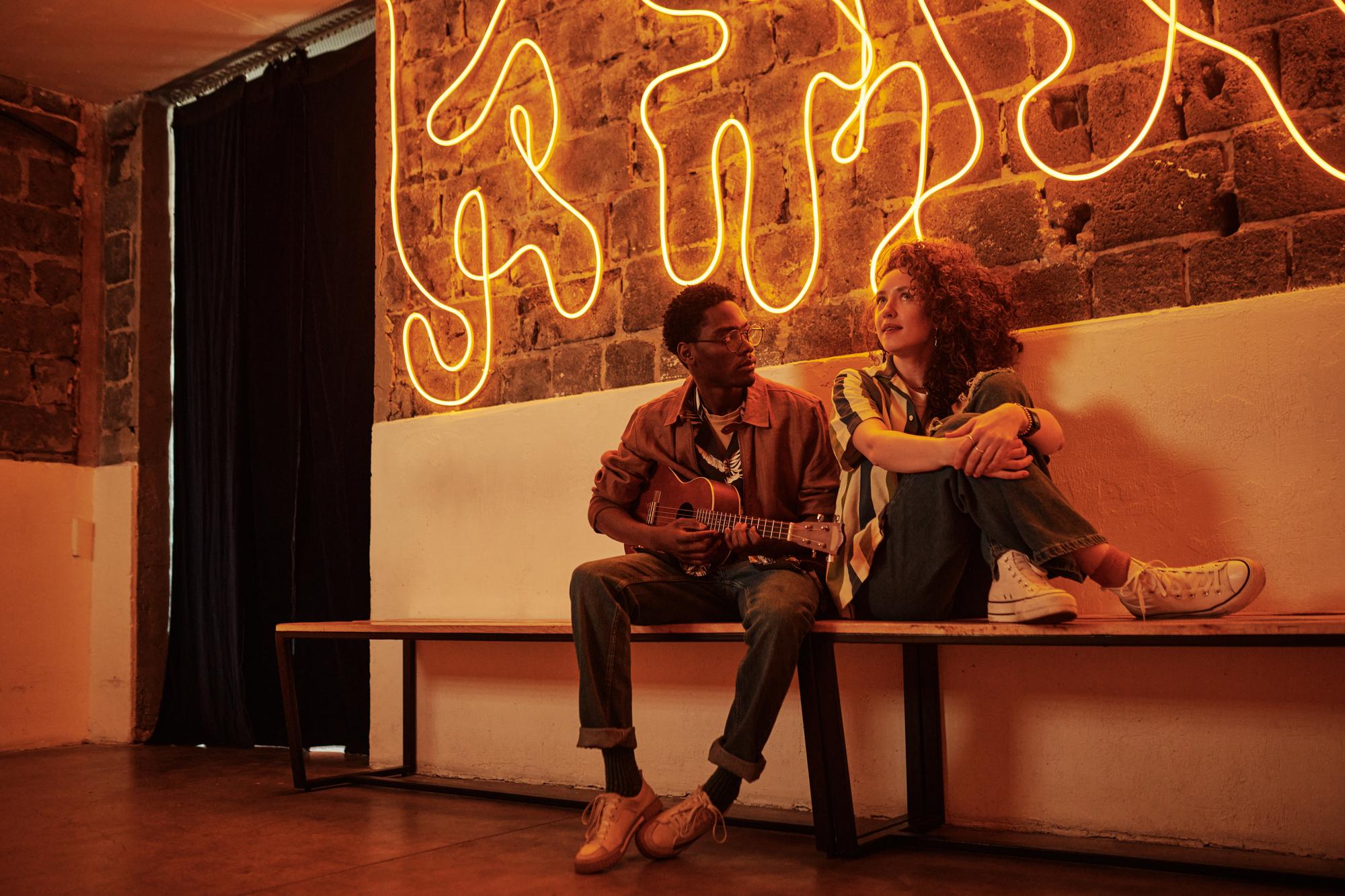 Studio storefront with neon band lighting